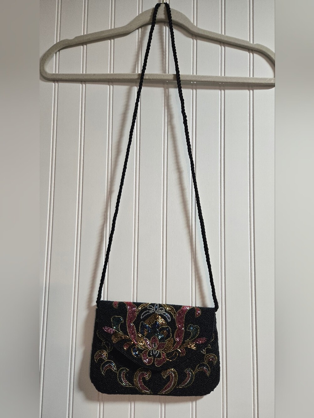 LILLIAN VERNON Black Beaded Clutch Evening Bag Vintage Floral Beautiful